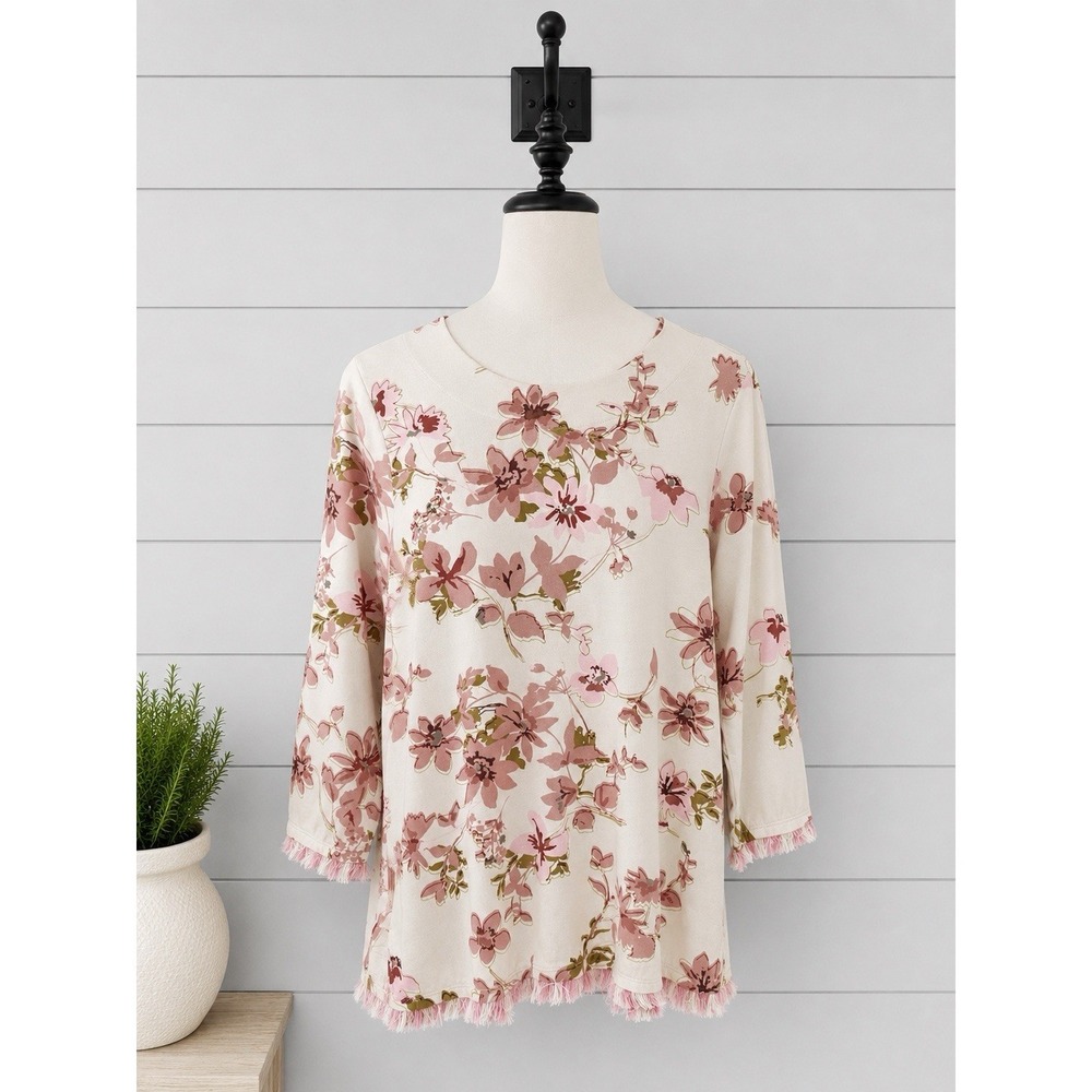 Spartina 449 Tassel Hem Cream Pink Floral Print Cotton Jersey Stretch Size L